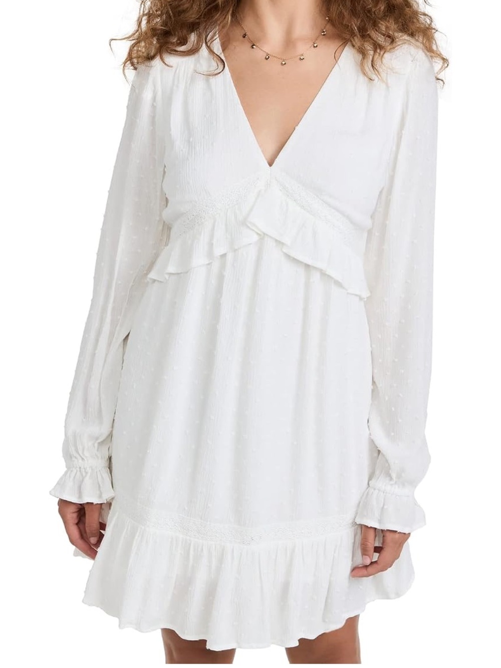 PAIGE White V-Neck Ruffle Long-Sleeve Mini Dress